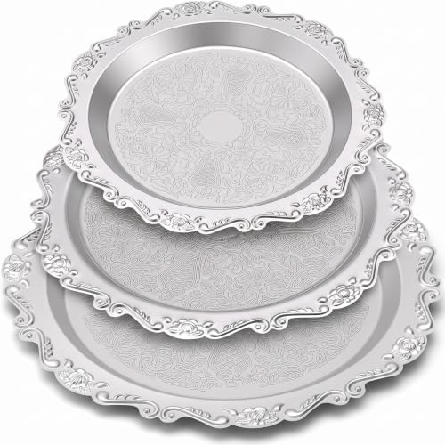 Rtteri 3 Pack Silver Serving Trays Set 8''/10''/12'' Vintage Embossed Round Coffee Table Platters Party Decor Metal Plates Silver Plated Jewelry Display Plates for Wedding Dessert Fruit(Baroque) by Rtteri