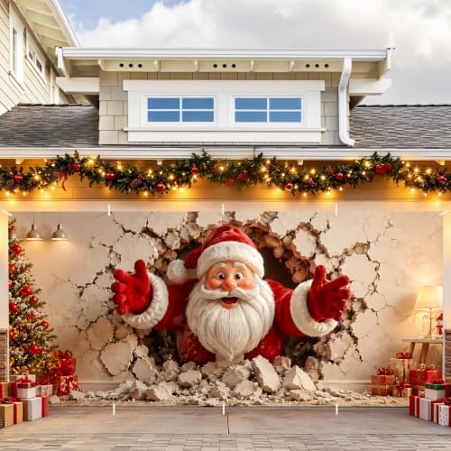 Funny Santa Claus Garage Door Banner Mural - Realistic Christmas Santa Bursting Through Wall Backdrop Large 7x16ft Winter Holiday Outdoor Wall Decor Weatherproof Fabric Cover for Home Xmas Party - Image 4