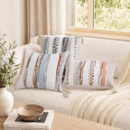 decorUhome Boho Decorative Throw Pillow Covers 18x18 Set of 2, Striped Chenille Tufted Pillow Covers with Tassels for Couch Bed Sofa, Cream White and Light Grey - Image 6