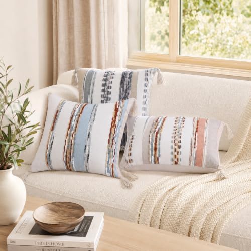 decorUhome Boho Decorative Throw Pillow Covers 18x18 Set of 2, Striped Chenille Tufted Pillow Covers with Tassels for Couch Bed Sofa, Cream White and Light Grey - Image 6