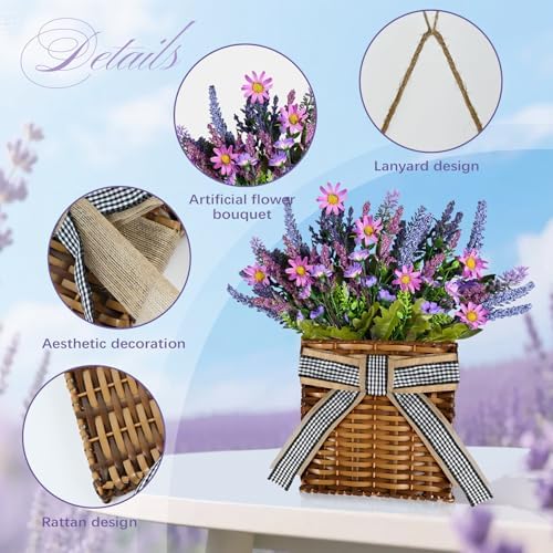 Spring Lavender Basket Wreath for Front Door 15" Purple Hanger Basket Artificial Grains Green Leaves with Purple Daisy Summer Wreaths Baskets for Indoor Farmhouse Porch Entryway Wall Home Decor - Image 3