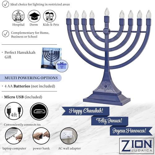 Zion Judaica Electric Hanukkah Menorah LED USB Powered Menorah Electronic Hanukkiah Battery Minorah Flamless Chanukah Candles (Blue, 2) - Image 3