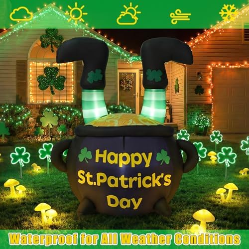 Glooglitter 4 ft St Patrick's Day Inflatables Outdoor Decorations Leprechaun Feet in Cauldron Pot Inflatable Outdoor Decor with LED Lights Blow up Lighted for Party Holiday Yard Garden Decor - Image 3