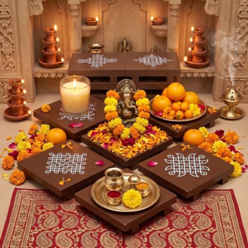 Kolam Trays Indian Return Gifts, Ganesh Pooja Chowki, 12 Pcs, Brown by DoubleFill