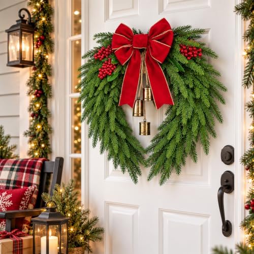 JarThenaAMCS Christmas 24 Inch Large Wreath with Red Velvet Bow Metal Bells Real Touch Norfolk Pine Wreath Faux Greenery Realistic Wreaths for Xmas Front Door Wall Window Mantel Holiday Decor - Image 4
