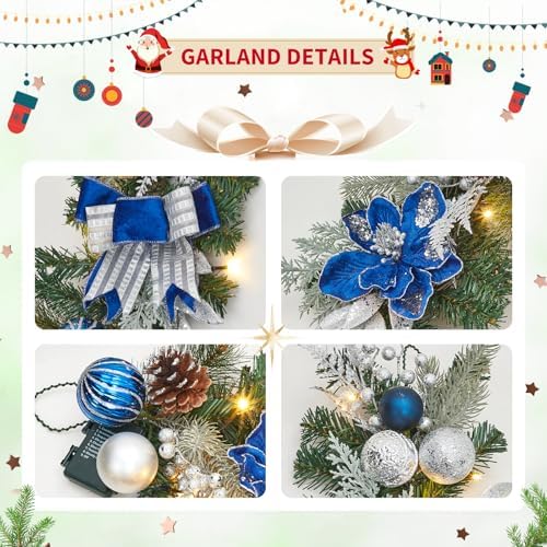 Garvee 6 Ft Christmas Garland with Lights for Mantle, Blue Silver - Image 3