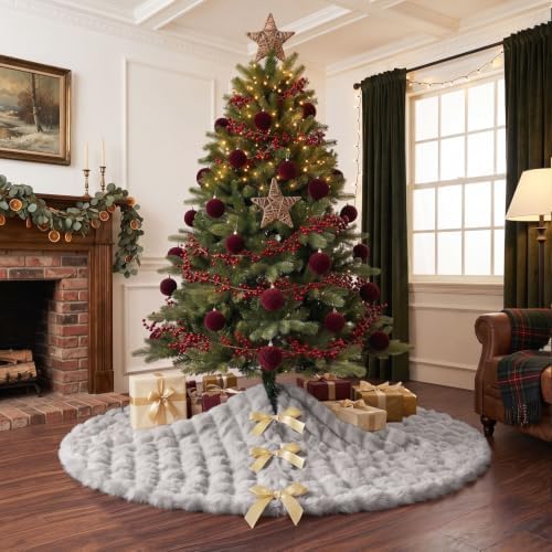 JOVIPOP Large Christmas Tree Skirt, 60 Inch Gray Faux Fur Decor - Image 3