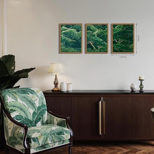 Japanese Nature Forest Wall Art Set of 3, Sage Green Moss Botanical Canvas Wall Decor Paintings, Vintage Mountain Landscape Zen Artwork Pictures Prints for Living Room Bedroom 12x16 Inch Framed - Image 4
