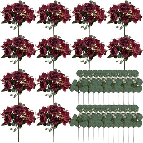 12 Bundles Burgundy Peonies Artificial Flowers for Centerpieces by Nagobi
