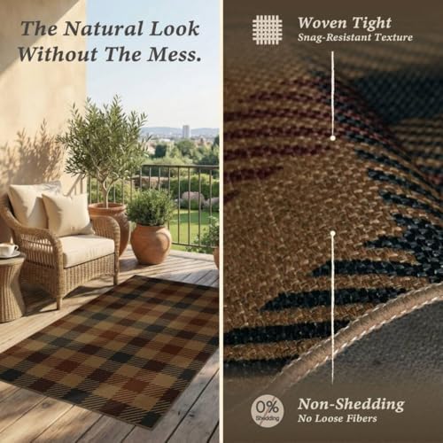 JTJ Easy Jute 3x5 Outdoor Rug, Black & Brown Plaid, Washable - Image 4