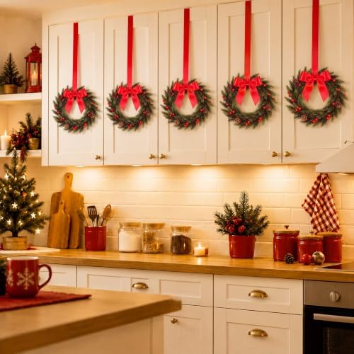 6 Pcs 10 Inch Mini Christmas Norfolk Wreath for Cabinet Decoration - Image 4