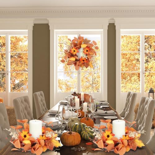8 Pcs 3 Inch Fall Floral Candle Rings Wreath Autumn Harvest Sunflowers Leaves Table Centerpiece Mini Thanksgiving Wreath for Cabinets Farmhouse Front Door Decoration - Image 4