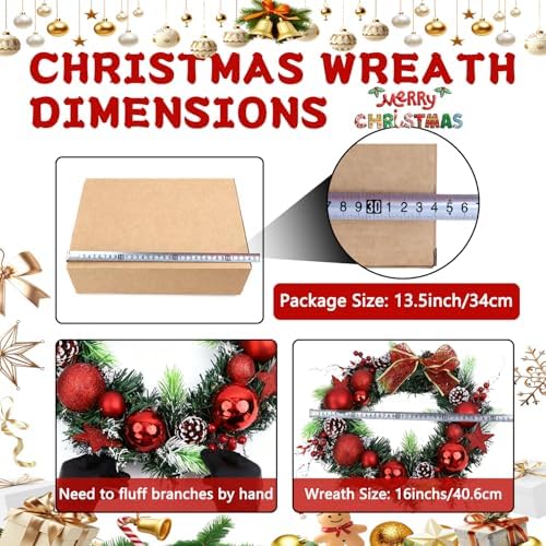 16 Inchs Christmas Wreath, Pre-Lit Artificial Christmas Door Wreath - Image 3