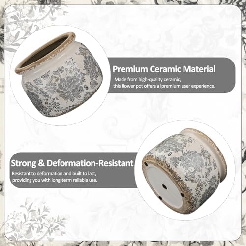 7.7" Large Ceramic Plant Pot Beige Gray Rustic Peony Crackle Glaze Rustic Flowers Pot Decorative Planter with Drainage for Indoor Outdoor Plants Home Kitchen Office Decor Gift - Image 3