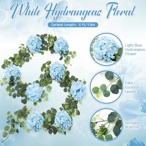 6ft Light Blue Hydrangeas Artificial Floral Garland Decoration for Mantle - Image 2