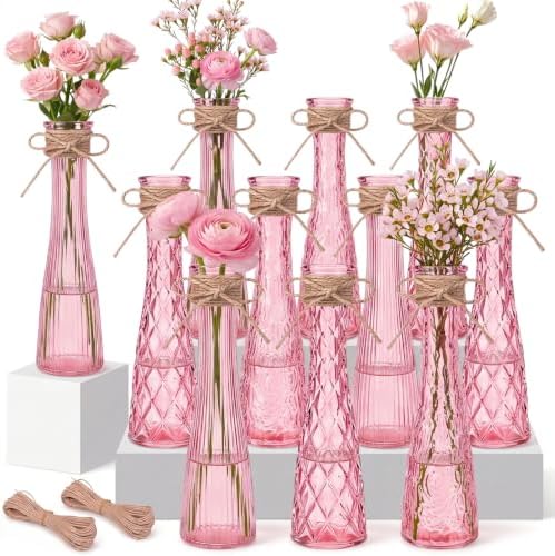 Set of 12 Pink Glass Bud Vases for Centerpiece, Assorted by Unknown