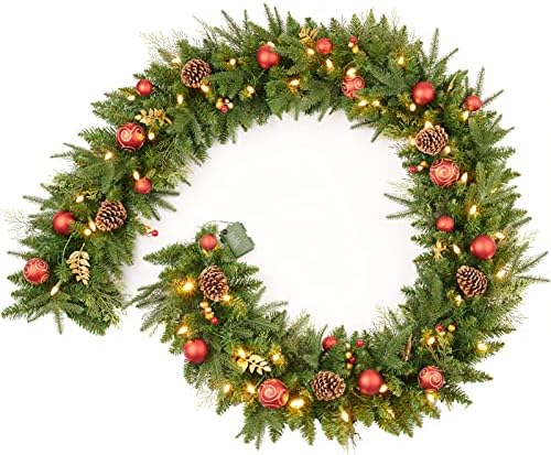 9FT Red Gold Christmas Garland Prelit with Battery Operated 50 LED Lights,Holiday Decoration Stairs Mantle Door Indoor Outdoor by AmerzestXmastree