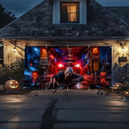 7x16ft Halloween Garage Door Banner Decorations, Scary Zombie Crawling Out of Garage Cover Background, Large Haunted House Backdrop with Beware Signs and Evil Pumpkins Outdoor Wall Party Supplies - Image 3