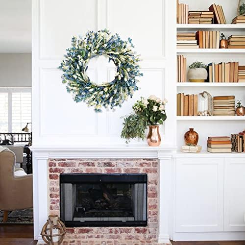 26 Inch Summer Spring Blue Ivory Lavender Flower Wreath for Front Door, Rustic and Farmhouse Wild Flowers Wreath for Inside and Outside, Coastal Blue Home Decorating - Image 5