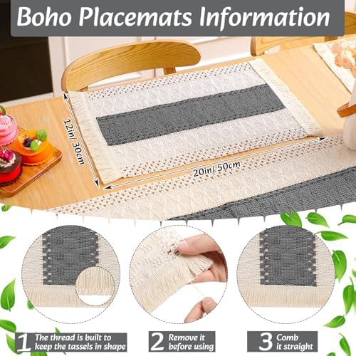 Boho Table Runner and Placemats Set, 6 Sets, Gray, 12x72 - Image 2