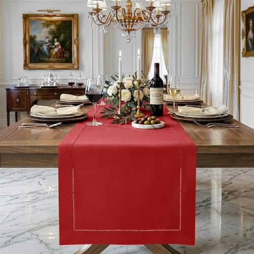 Signature Linen™ by D'Moksha, Bright Red Table Runner 72 Inches Long, 100% Pure Linen, Hemstitch, 14 x 72 Inch Table Runner for Dresser, Dining- Fall, Weddings, Outdoor Hosting by DMokshaHomes