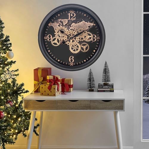 CLXEAST 24 Inch Wall Clock with Real Moving Gears,World Map Pattern - Image 5