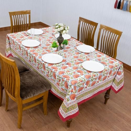 60x90 Inches Rectangle Hand Block Printed Cotton Tablecloth, Red Yellow Floral Table Cloths Washable, Indian Table Linen for Halloween Christmas Outdoor Thanksgiving Gifts Home Decor Dinning Outdoor - Image 4