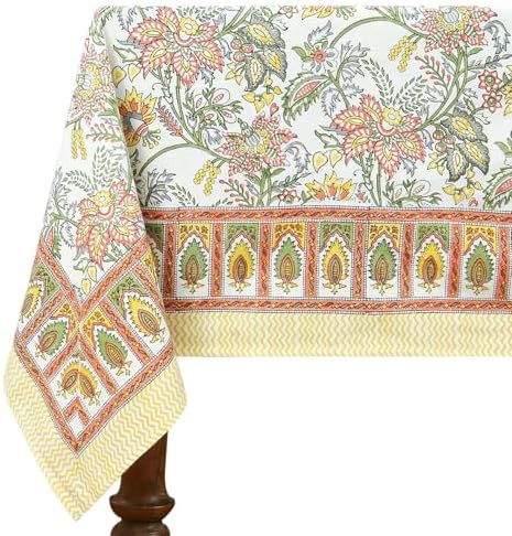 72x72 Inches Square Hand Block Printed Cotton Tablecloth, Green White Floral Table Cloths Washable, Indian Table Linen for Halloween Christmas Outdoor Thanksgiving Gifts Home Decor Dinning Outdoor by HomeSpunCrafts