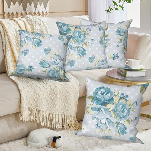 Green Flower Throw Pillow Covers 22"x22" Set of 4, Vintage Floral Sofa Cushion Cover for Chair Couch Bed Living Room Office Car Garden Patio Farmhouse Indoor Outdoor Decorative - Image 4