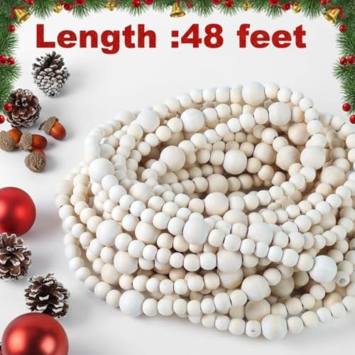 48Ft Christmas Wood Bead Garland Rustic Holiday Decor for Tree (Beige) - Image 2