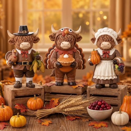 Simgoing 3 Pcs Fall Highland Cow Figurines Pilgrim and Turkey Cow Decor by Simgoing