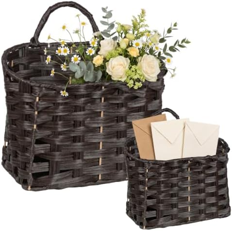 Set of 2 Wicker Wall Baskets for Hanging Storage, Handwoven Boho Wall Organizer, Decorative Wall Mounted Basket Set for Entryway, Mail, Keys, Plants, Flowers & Home Decor, Plastic Rattan Strap by Kultilanda