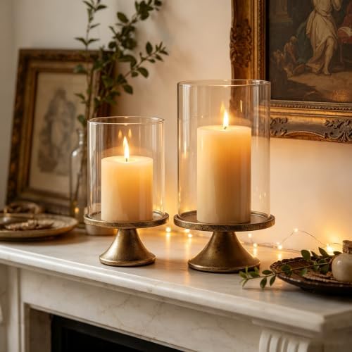Hurricane Glass Candle Holders Set of 2, with Glass Dome and Iron Base, Vintage Decorative Pillar Candle Holder for Mantel, Living Room, Dining Room Centerpiece, Home Decor - Image 4