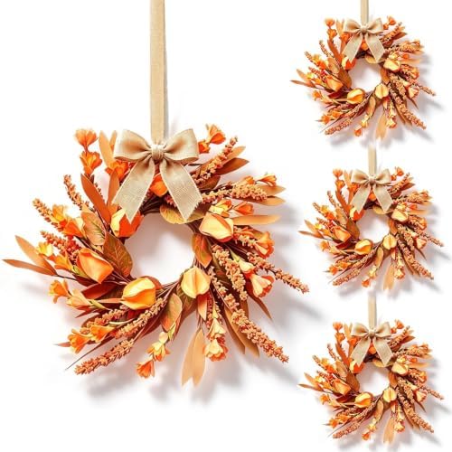 4 Pcs Small Fall Hanging Wreaths with Artificial Autumn Flowers Warm Orange Fall Foliage Wheat Spike Accents Rustic Burlap Ribbon Mini Cabinet Wreath for Farmhouse Thanksgiving Harvest Party Decor by Unknown