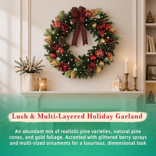 Hykolity 28 Inch Pre-Lit Magnolia Christmas Wreath with 50 Warm White LEDs and Timer, Battery Operated Artificial PE & PVC Wreath with Burgundy Flowers, Ornaments and Plaid Bow for Front Door - Image 3