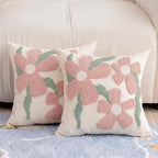 Summer Floral Throw Pillow Covers 18x18 Inch Set of 2, Chenille Embroidered Pillowcase with 3D Tufted Pink Flowers Sage Green Leaves, Boho Decorative Cushion Covers for Couch Sofa Bed by CITYJUN