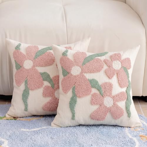 Summer Floral Throw Pillow Covers 20x20 Inch Set of 2, Chenille Embroidered Pillowcase with 3D Tufted Pink Flowers Sage Green Leaves, Boho Decorative Cushion Covers for Couch Sofa Bed by CITYJUN