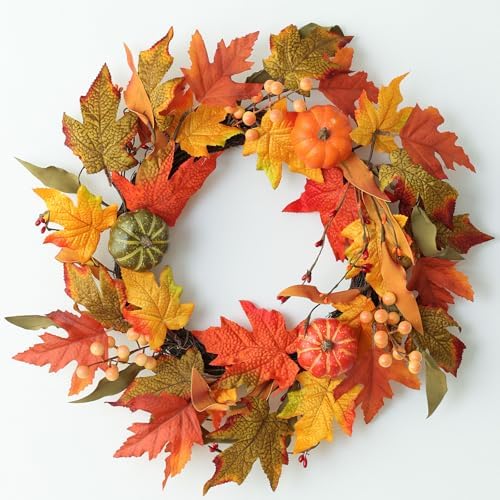 MIZII Fall Wreaths for Front Door 19 inch Yellow Fall Wreath with Artificial Maple Leaves Pumpkin Autumn Leaf Thanksgiving Halloween Harvest Door Decorations for Wall Porch Home Decor (Yellow) by Mizii