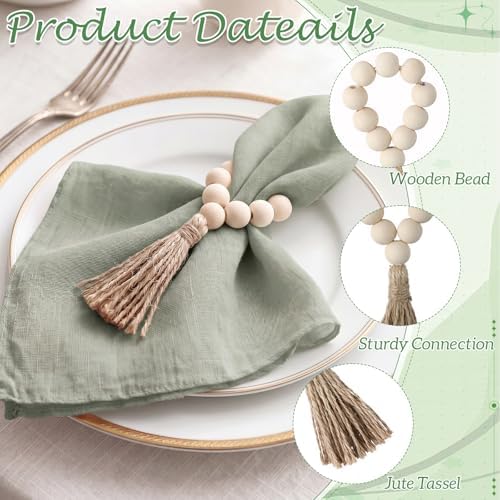 Cheesecloth Napkins with Wooden Bead Napkin Rings Set, 12 Gauze Cloth 20x20 Inch Dinner Napkins and 12 Boho Wood Bead Napkin Ring Holders for Wedding, Baby Shower, Bridal Shower(Green) - Image 3