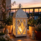 Vintage White Metal Candle Lantern with Glass 17in Distressed Blue Rustic Large Farmhouse Hanging Candle Holder Lanterns for Indoor & Outdoor Front Porch Table Centerpiece Decor - Image 3