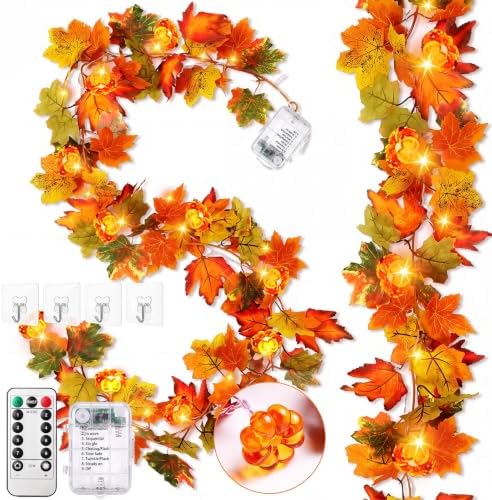 VIHOSE 2 Pack Fall Maple Leaves Thanksgiving Garland 11.5ft, Orange Green by VIHOSE