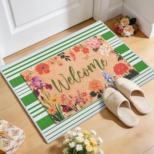 2 Pcs Floral Welcome Doormat Set, Front Door Mat with Non Slip Rubber Backing, Spring Outdoor Entryway Porch Mat Decor Farmhouse Floral Welcome Mat Set for Seasonal Home Indoor Decor - Image 5