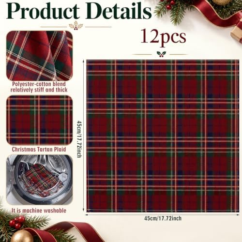 Moukeren 12 Pcs Christmas Tartan Plaid Cloth Napkins 100% Cotton 18 x 18'' - Image 2