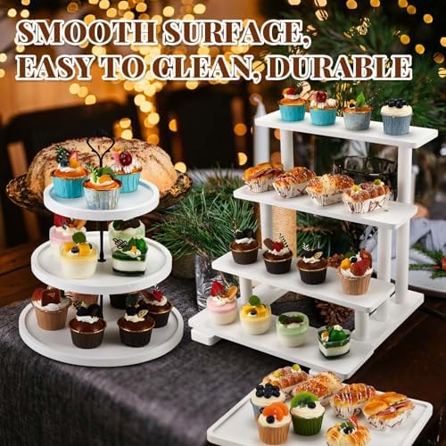Roowest Wood Cake Stands Set of 6 Wood Dessert Tower Dessert Trays Desert Stands Cupcake Stand Rustic 3 Tier Farmhouse Cupcake Serving Stands with Dessert Trays for Tea Party(White) - Image 6