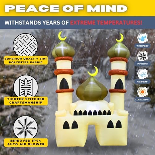 6FT Ramadan Inflatable Beige and Green Mosque - Islamic Ramadan Decor for Outdoor Front/Back Lawns, Built-in LED Lights and Fan - Image 2