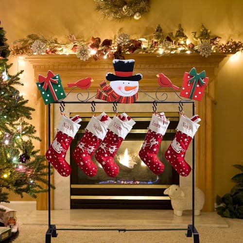 YEAHOME Christmas Stocking Holder Stand, Metal Freestanding Stocking Stand with Snowman Red Bird Xmas Gifts Box, 5 Hooks Stocking Hanger for Christmas Decorations Indoor Home Living Room Fireplace - Image 2