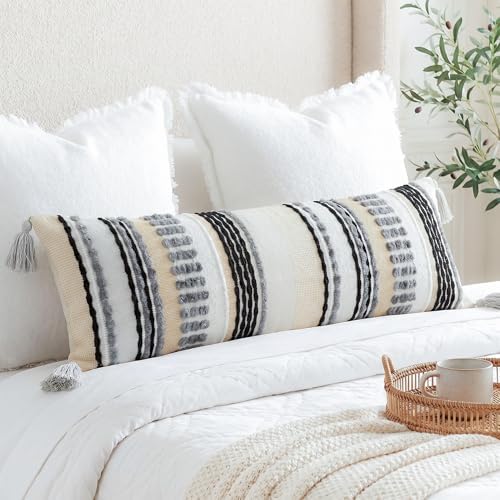NUYECY Chenille and Cotton Long Pillow for Bed, Striped Textured Boho Lumbar Throw Pillow Cover 14x36, Neutral Accent Decorative Extra Long Body Pillow Case for Couch, Sofa, Bedroom, Grey - Image 5