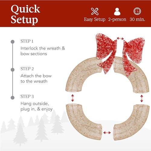 Best Choice Products 60in Pre-Lit Outdoor Christmas Wreath Decoration, LED Metal Holiday Decor for Home Exterior, Garden w/ 206 Lights, Bow - Gold/Red - Image 4