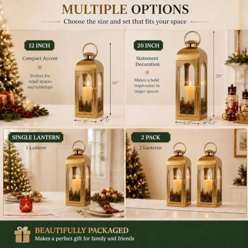 Christmas Decorative Lantern Gold Metal Candle Holder 16'' Tempered Glass - Image 4