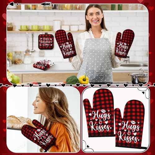 VitalCozy 10 Pcs Valentine's Day Buffalo Plaid Kitchen Decor Set Oven Mitts and Pot Holders Heart Kitchen Towels and Rugs for Chef Baking Cooking Grilling BBQ Gift - Image 5